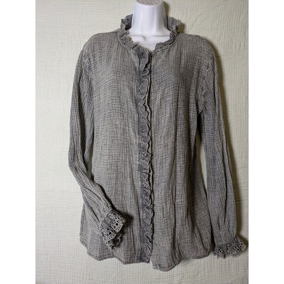 Mazik Tops - Grey Gauze Waffle Button up Eyelet Lace Ruffle Long Sleeve Women's Shirt Small